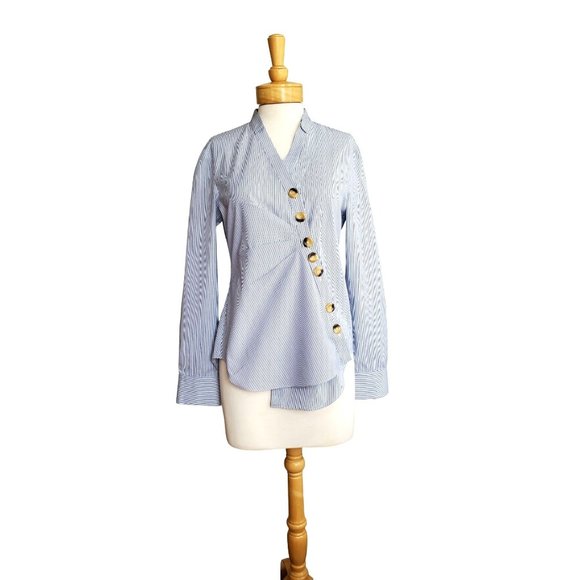 Tibi  Blue Jones Asymmetric Striped Shirt Tortoiseshell Buttons Sz 4 - Picture 1 of 11